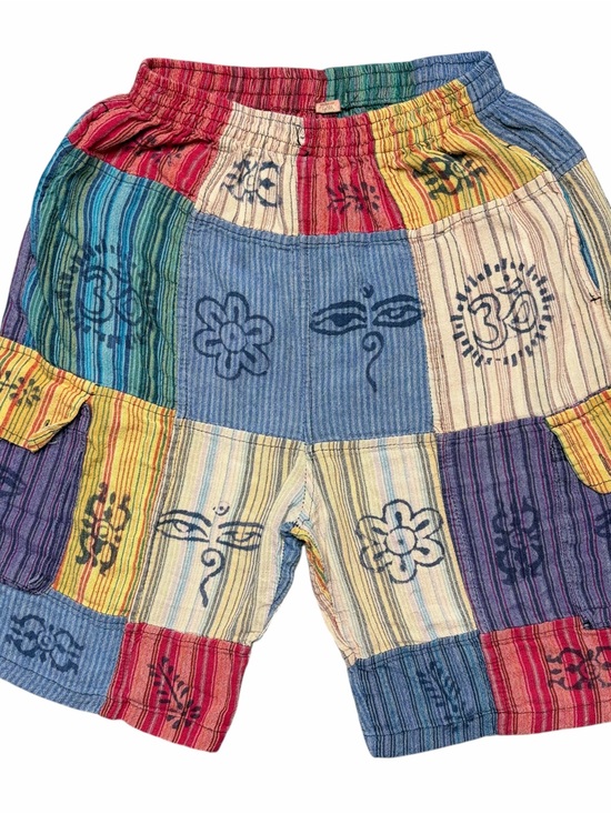 American Vintage Pants - Patchwork Multicolor Boho Hippie High Waisted Cargo Elastic Retro Cotton Shorts